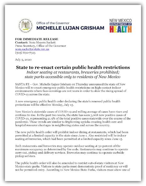 FOR IMMEDIATE RELEASE State to re-enact certain Public Health Restrictions 07-10-20_Page_1
